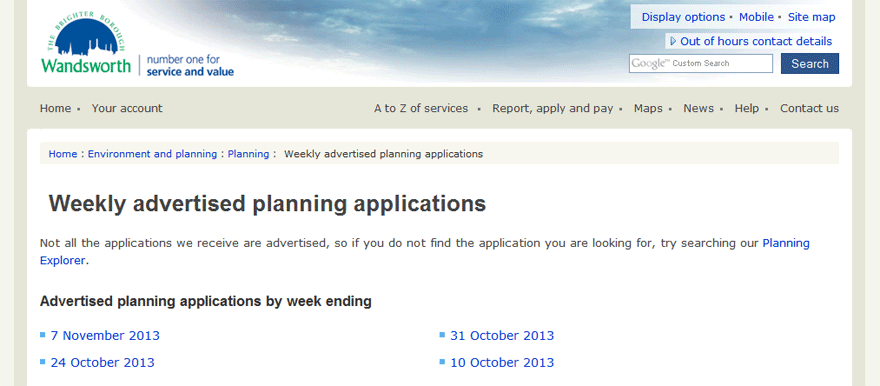 Screenshot of the weekly advertised planning applications directory home page