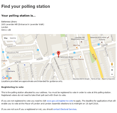 Screenshot of the Find your polling station result page