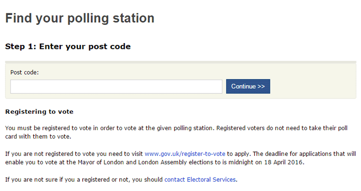 Screenshot of the Find your polling station enter your post code search page
