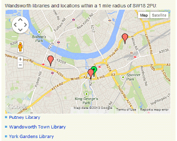 Screenshot showing map of Wandsworth libraries within a 1 mile radius of SW18 2PU