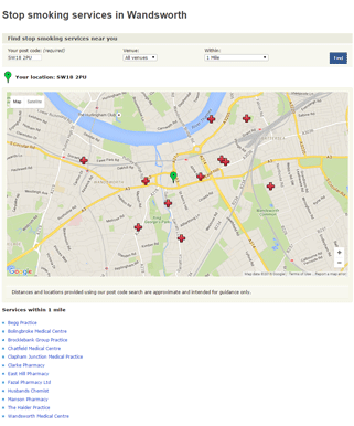 Screenshot of the stop smoking services in Wandsworth results page