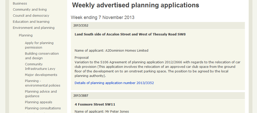 Screenshot of the advertised planning applications for the week ending 7 November 2013