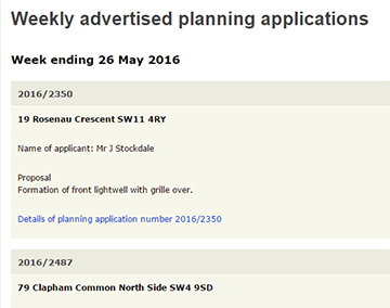 Screenshot of the advertised planning applications for the week ending 26 May 2016